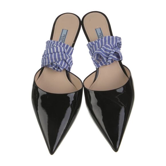 Prada Large Bow Leather Mules Heel Pumps - 39 (9) Nero Azzuro - Picture 3 of 4